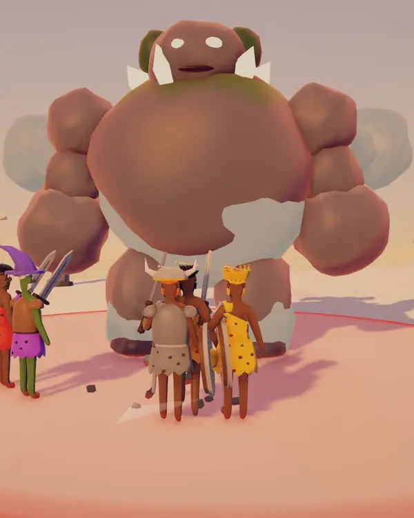 Big Chunk, a towering brown rock golem standing over a group of cavemen