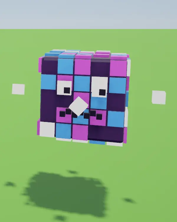 Glitch Cube, a floating cube of pink, blue and purple pixels with a face