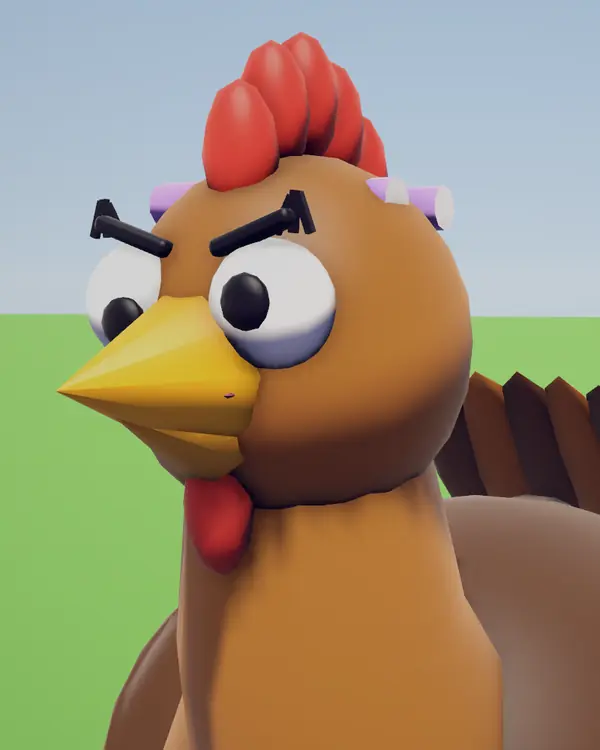 Mama Clucker, a giant angry hen with pink hair curlers