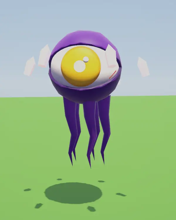 Sky Eye, a giant yellow eye with a purple lid and tentacles, floating above the grass